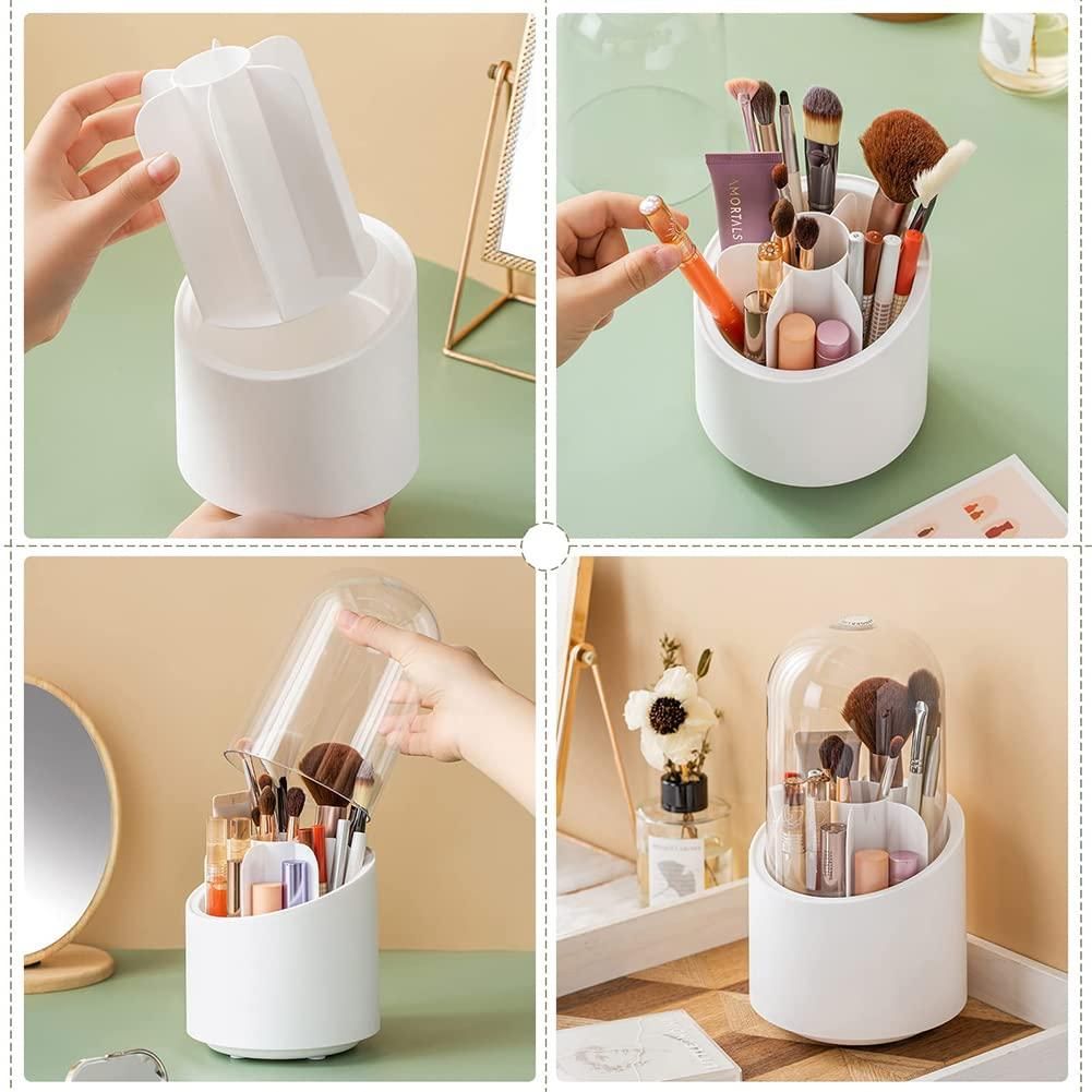 Makeup Brush Holder with Lid - Rotating Makeup Brush Organizer
