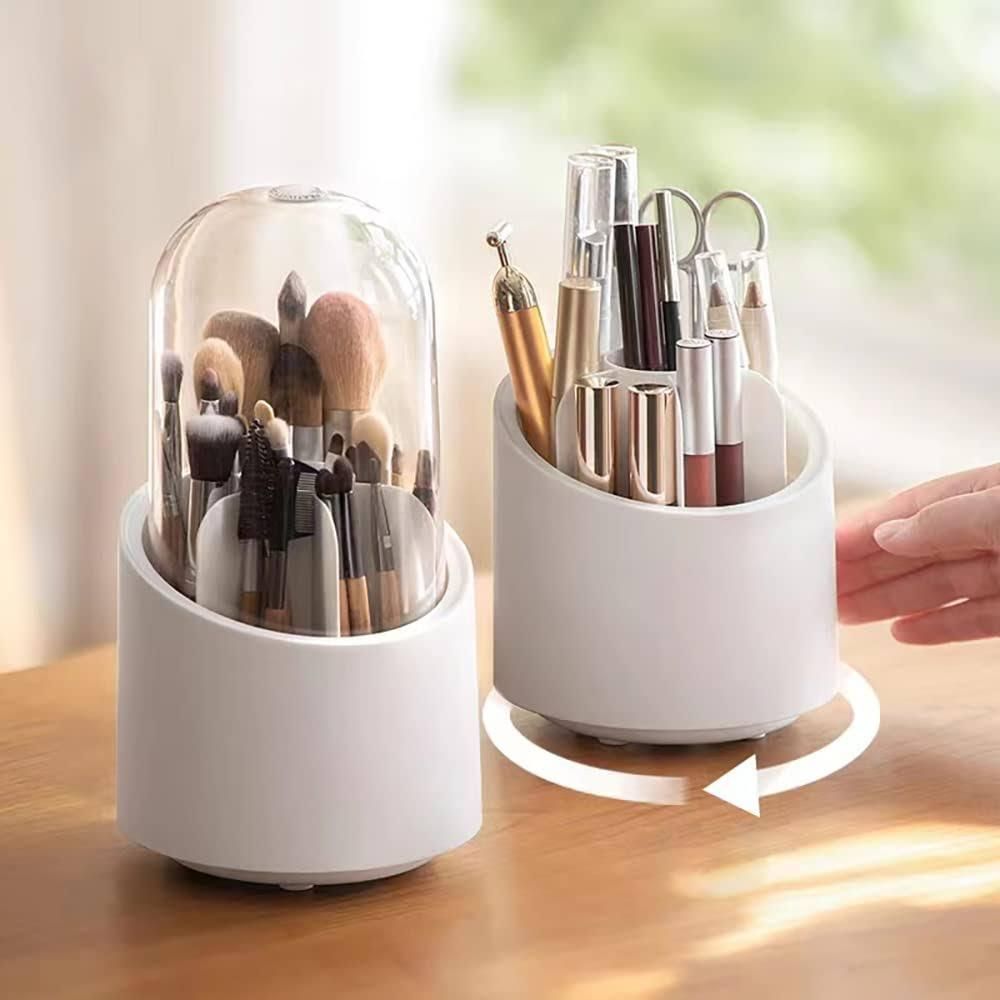 Makeup Brush Holder with Lid - Rotating Makeup Brush Organizer