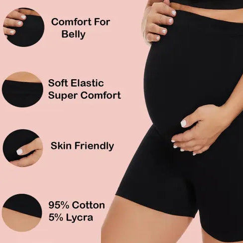 MomoMaternity Women's High Waist & Mid-Thigh Cotton Lycra Maternity Shorts | Over the Belly Pregnancy Panties for Pre & Post Pregnancy