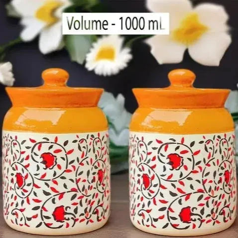 Elegant Ceramic Pickle Jars – Floral Print Set of 2 (1000ml Each) | Traditional Achaar Barni | White & Brown