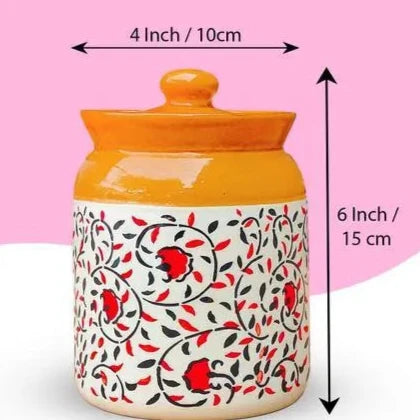 Elegant Ceramic Pickle Jars – Floral Print Set of 2 (1000ml Each) | Traditional Achaar Barni | White & Brown