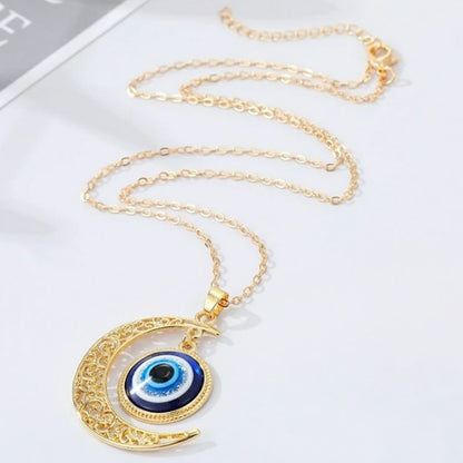 Gold Evil Eye Crescent Moon Pendant Necklace