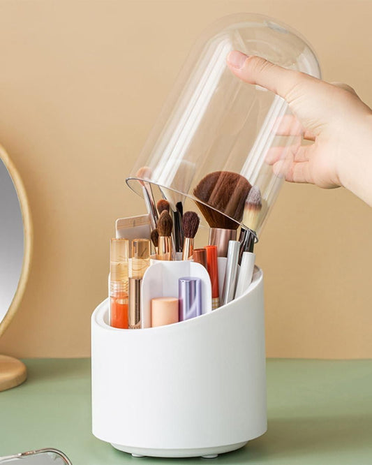 Makeup Brush Holder with Lid - Rotating Makeup Brush Organizer