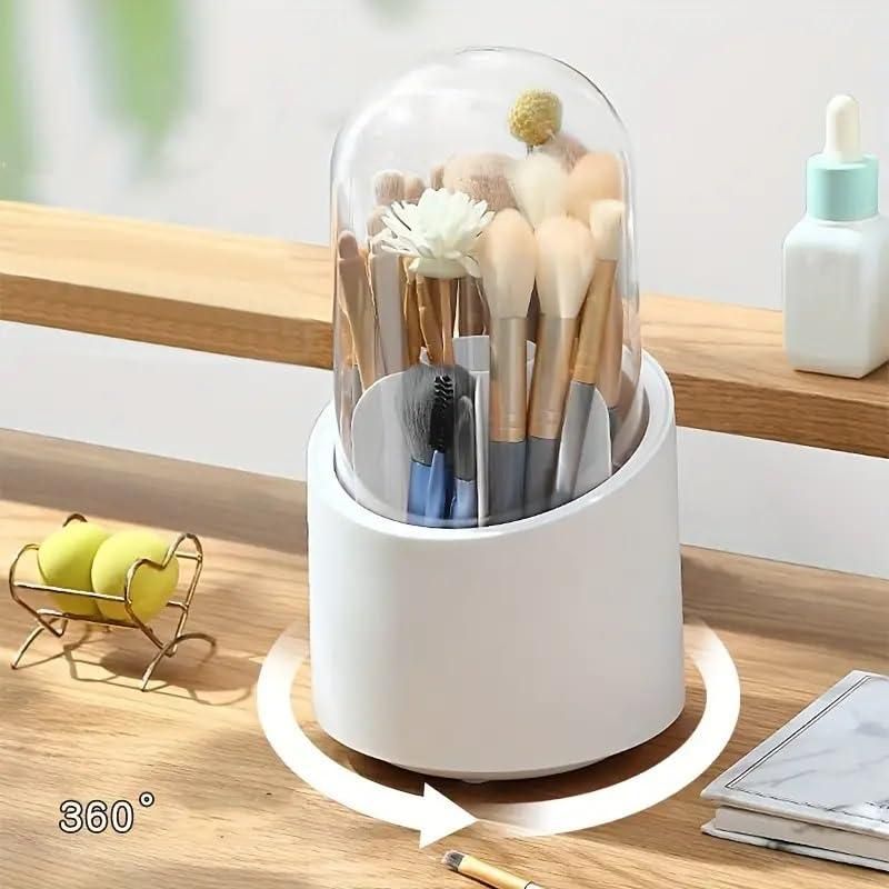 Makeup Brush Holder with Lid - Rotating Makeup Brush Organizer