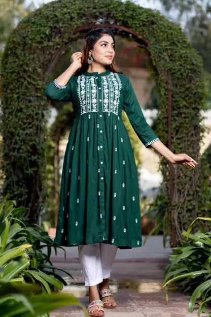 Bawali Women's Embroidered Rayon A-line Kurta