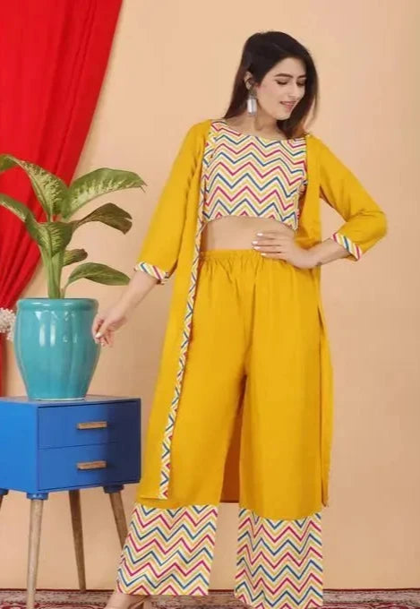 Look & Admire Women's Ethnic Kurta with Jacket and Palazzo Set in Rayon (Yellow)