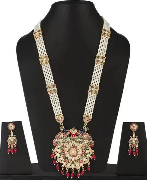 Antique Gold-Plated Peacock Design Rani Haar Necklace Set with Earrings