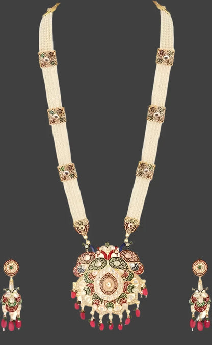 Antique Gold-Plated Peacock Design Rani Haar Necklace Set with Earrings