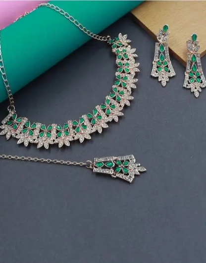 Rhodium Plated Necklace Set with Green Color Kundan