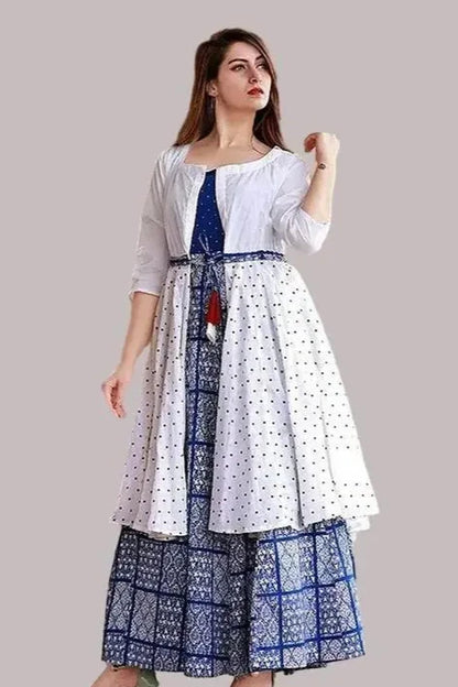 DPG Royal Blue Printed Anarkali Kurti with White Jacket