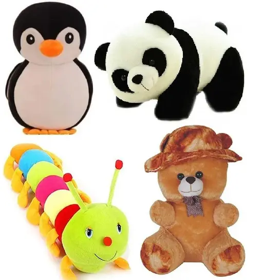 Black Penguin, Panda, Caterpillar &amp; Brown Cap Teddy Soft Toy Set (30 cm)