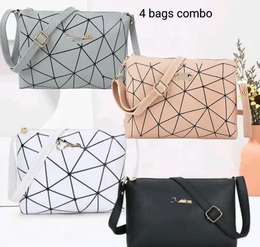 4 Bags Combo - Stylish Designer Girls' Bags (Black, White, Pink, Grey)