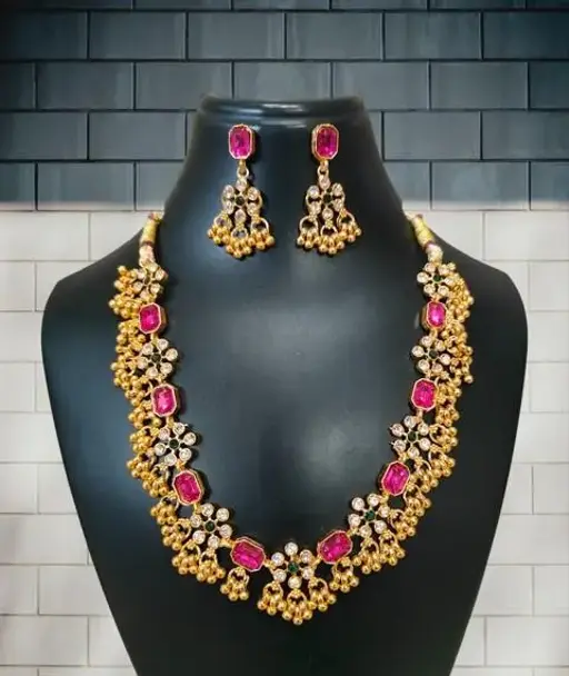 Gold-Plated Green-Pink Diamond Choker Necklace Set