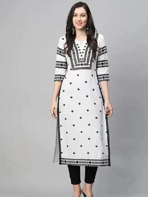 Salasar Women's Cotton Blend Embroidered Straight Kurti