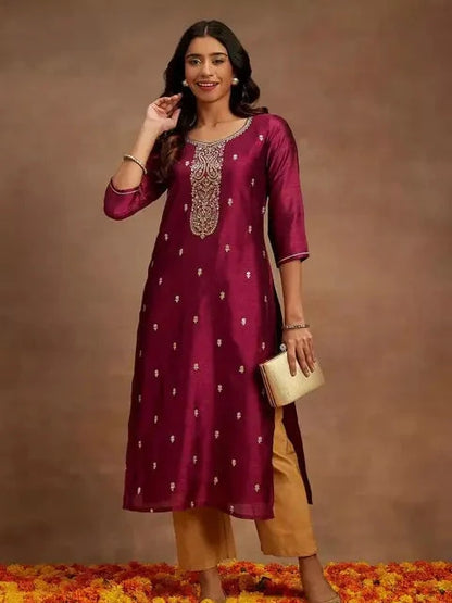 Elegant Silk Blend Embroidered Straight Kurta for Women