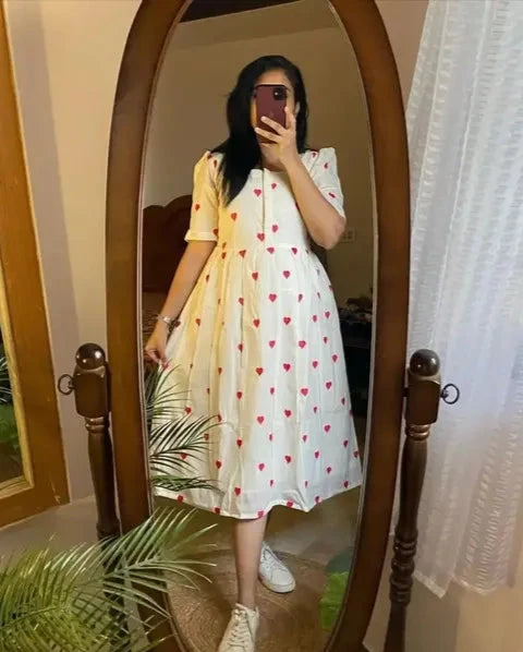 White & Red Heart Printed Cotton Gown