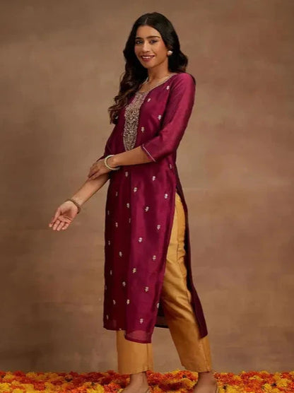 Elegant Silk Blend Embroidered Straight Kurta for Women