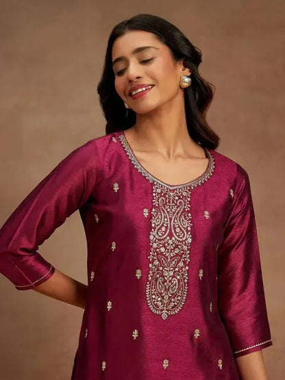 Elegant Silk Blend Embroidered Straight Kurta for Women