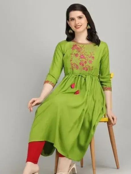 Emerald Green Embroidered Rayon Kurta for Women