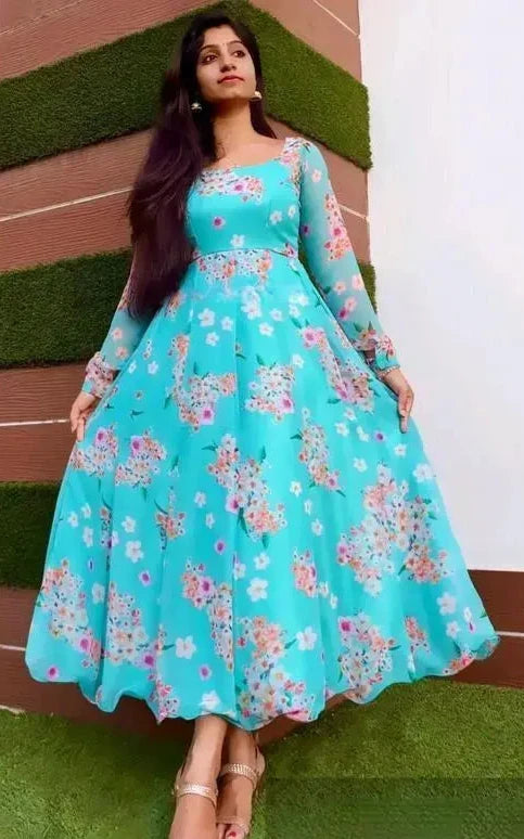 Elegant Sky Blue Printed Georgette Gown for Women