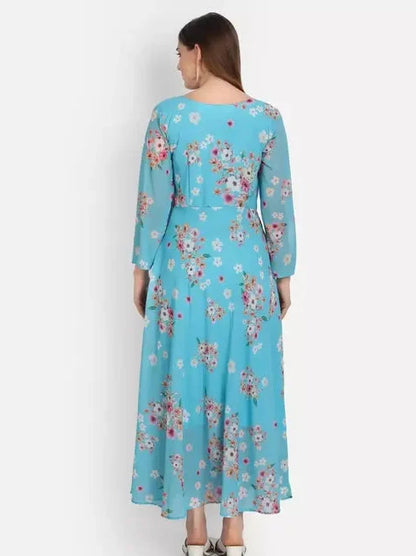 Elegant Sky Blue Printed Georgette Gown for Women