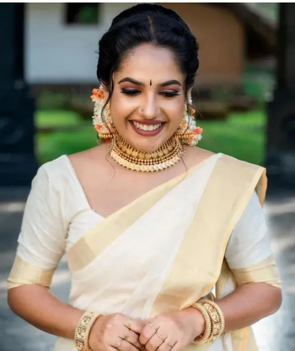 Cotton Blend White Saree with Blouse