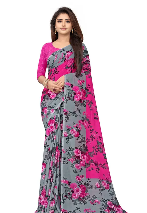 Pink Georgette Floral Print Saree for Women