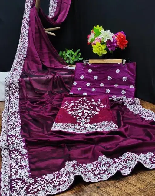 BHARODIYA ENTERPRISES Georgette Embroidered Elegant Purple Saree with Blouse