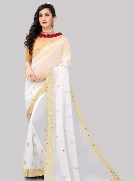 Mirror Work White Coloured Georgette Saree