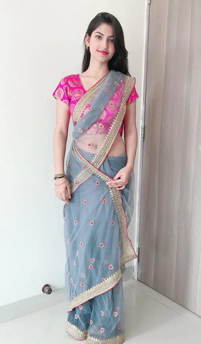 P Variety Net Grey Lace Border Saree with Blouse