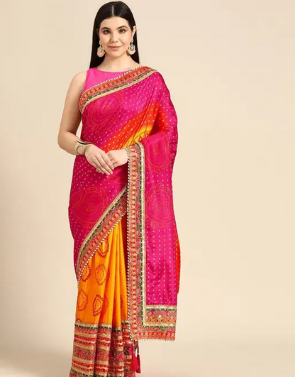 Women's Bandhani Saree with Lace Border and Unstitched Blouse Piece