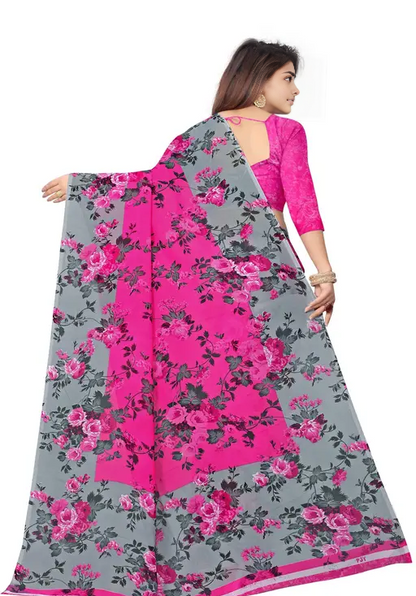 Pink Georgette Floral Print Saree for Women