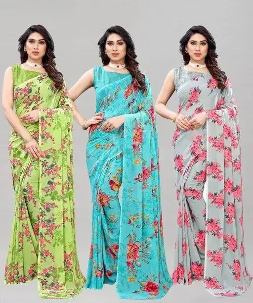 KANOODA Belt Style Georgette Multicolor Saree with Blouse (Pack of 3)