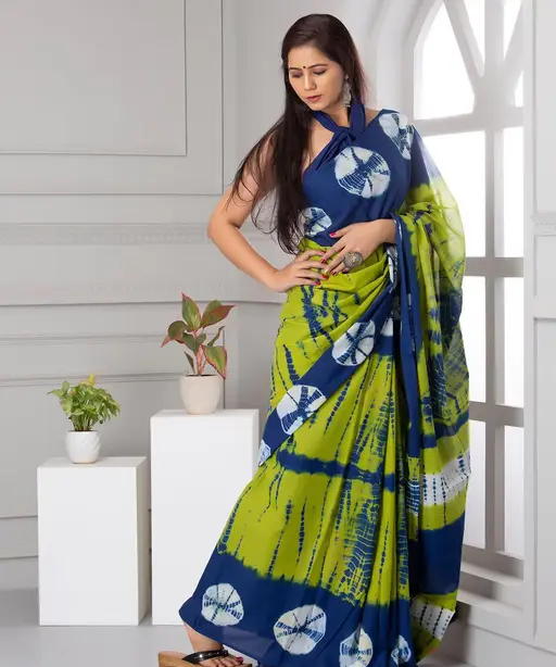 Jaipuri Hand Block Printed Soft Cotton Mulmul Saree with Attached Blouse Piece