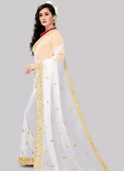 Mirror Work White Coloured Georgette Saree