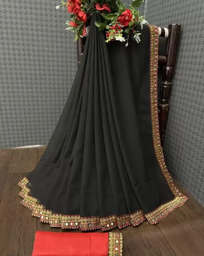 Banarasi Georgette Black Lace Border Saree with Blouse