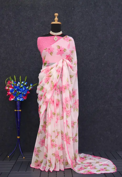 Flower Design Chiffon Saree